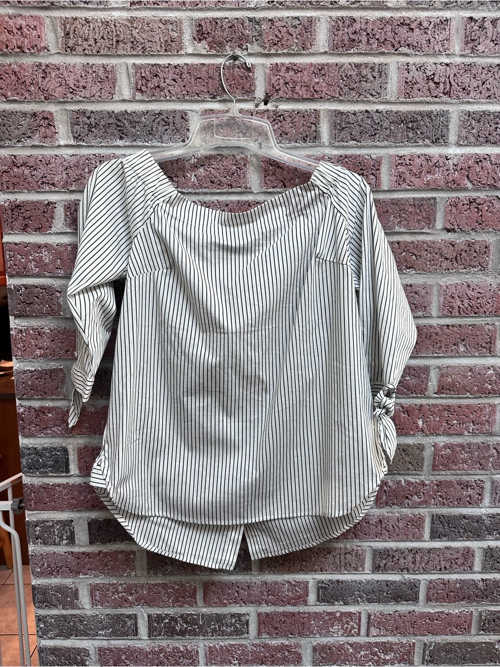 Pin stripe  Tie-Sleeve button down on back  Women's Top - White/Black